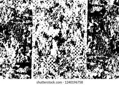 Grunge overlay layer. Abstract black and white vector background. Monochrome vintage surface with dirty pattern in cracks, spots, dots. Old wall in dark horror style design