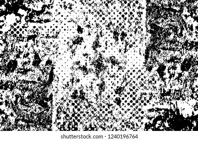 Grunge overlay layer. Abstract black and white vector background. Monochrome vintage surface with dirty pattern in cracks, spots, dots. Old wall in dark horror style design