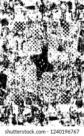 Grunge overlay layer. Abstract black and white vector background. Monochrome vintage surface with dirty pattern in cracks, spots, dots. Old wall in dark horror style design