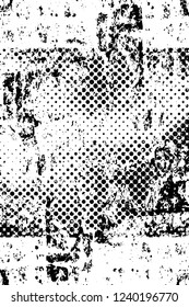 Grunge overlay layer. Abstract black and white vector background. Monochrome vintage surface with dirty pattern in cracks, spots, dots. Old wall in dark horror style design