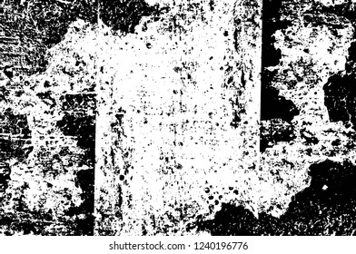 Grunge overlay layer. Abstract black and white vector background. Monochrome vintage surface with dirty pattern in cracks, spots, dots. Old wall in dark horror style design