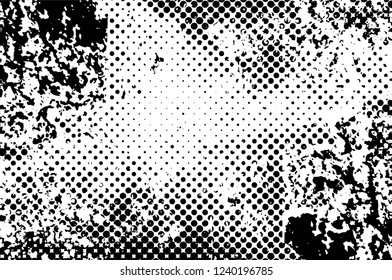 Grunge overlay layer. Abstract black and white vector background. Monochrome vintage surface with dirty pattern in cracks, spots, dots. Old wall in dark horror style design