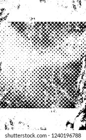 Grunge overlay layer. Abstract black and white vector background. Monochrome vintage surface with dirty pattern in cracks, spots, dots. Old wall in dark horror style design