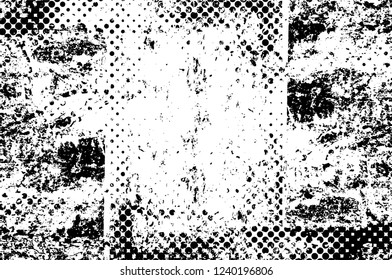 Grunge overlay layer. Abstract black and white vector background. Monochrome vintage surface with dirty pattern in cracks, spots, dots. Old wall in dark horror style design