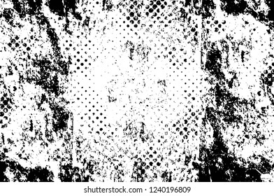 Grunge overlay layer. Abstract black and white vector background. Monochrome vintage surface with dirty pattern in cracks, spots, dots. Old wall in dark horror style design