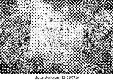 Grunge overlay layer. Abstract black and white vector background. Monochrome vintage surface with dirty pattern in cracks, spots, dots. Old wall in dark horror style design