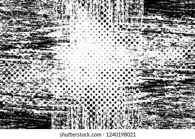 Grunge overlay layer. Abstract black and white vector background. Monochrome vintage surface with dirty pattern in cracks, spots, dots. Old wall in dark horror style design
