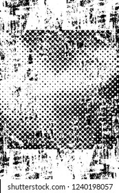 Grunge overlay layer. Abstract black and white vector background. Monochrome vintage surface with dirty pattern in cracks, spots, dots. Old wall in dark horror style design