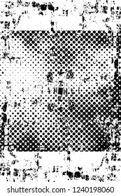 Grunge overlay layer. Abstract black and white vector background. Monochrome vintage surface with dirty pattern in cracks, spots, dots. Old wall in dark horror style design