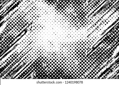 Grunge overlay layer. Abstract black and white vector background. Monochrome vintage surface with dirty pattern in cracks, spots, dots. Old wall in dark horror style design