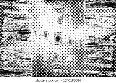 Grunge overlay layer. Abstract black and white vector background. Monochrome vintage surface with dirty pattern in cracks, spots, dots. Old wall in dark horror style design