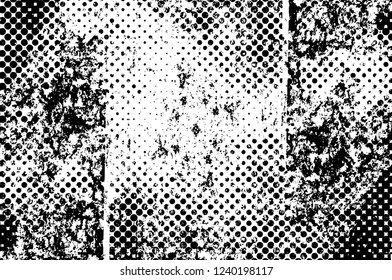 Grunge overlay layer. Abstract black and white vector background. Monochrome vintage surface with dirty pattern in cracks, spots, dots. Old wall in dark horror style design
