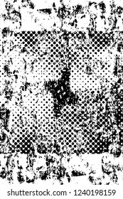 Grunge overlay layer. Abstract black and white vector background. Monochrome vintage surface with dirty pattern in cracks, spots, dots. Old wall in dark horror style design