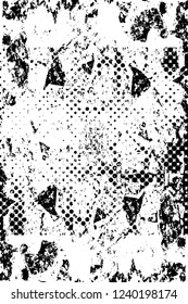 Grunge overlay layer. Abstract black and white vector background. Monochrome vintage surface with dirty pattern in cracks, spots, dots. Old wall in dark horror style design