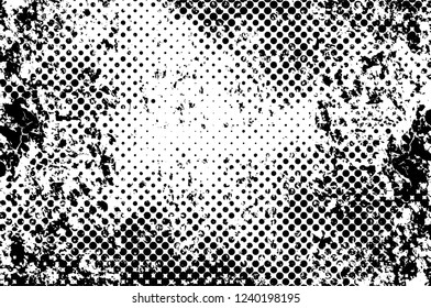 Grunge overlay layer. Abstract black and white vector background. Monochrome vintage surface with dirty pattern in cracks, spots, dots. Old wall in dark horror style design