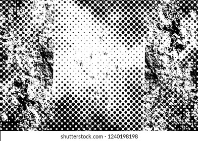 Grunge overlay layer. Abstract black and white vector background. Monochrome vintage surface with dirty pattern in cracks, spots, dots. Old wall in dark horror style design