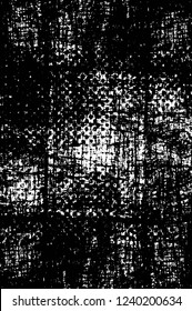 Grunge overlay layer. Abstract black and white vector background. Monochrome vintage surface with dirty pattern in cracks, spots, dots. Old wall in dark horror style design