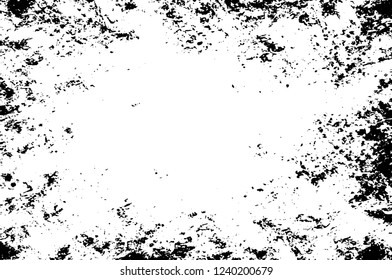 Grunge overlay layer. Abstract black and white vector background. Monochrome vintage surface with dirty pattern in cracks, spots, dots. Old wall in dark horror style design