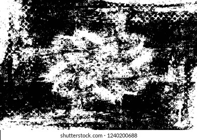 Grunge overlay layer. Abstract black and white vector background. Monochrome vintage surface with dirty pattern in cracks, spots, dots. Old wall in dark horror style design