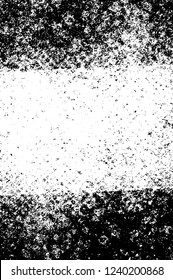 Grunge overlay layer. Abstract black and white vector background. Monochrome vintage surface with dirty pattern in cracks, spots, dots. Old wall in dark horror style design
