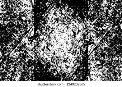 Grunge overlay layer. Abstract black and white vector background. Monochrome vintage surface with dirty pattern in cracks, spots, dots. Old wall in dark horror style design