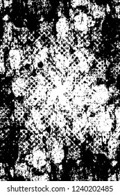 Grunge overlay layer. Abstract black and white vector background. Monochrome vintage surface with dirty pattern in cracks, spots, dots. Old wall in dark horror style design