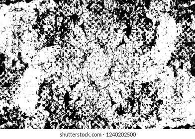 Grunge overlay layer. Abstract black and white vector background. Monochrome vintage surface with dirty pattern in cracks, spots, dots. Old wall in dark horror style design