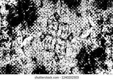 Grunge overlay layer. Abstract black and white vector background. Monochrome vintage surface with dirty pattern in cracks, spots, dots. Old wall in dark horror style design