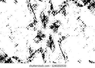 Grunge overlay layer. Abstract black and white vector background. Monochrome vintage surface with dirty pattern in cracks, spots, dots. Old wall in dark horror style design