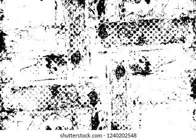 Grunge overlay layer. Abstract black and white vector background. Monochrome vintage surface with dirty pattern in cracks, spots, dots. Old wall in dark horror style design