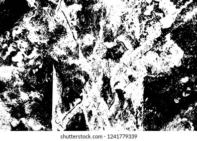 Grunge overlay layer. Abstract black and white vector background. Monochrome vintage surface with dirty pattern in cracks, spots, dots. Old wall in dark horror style design