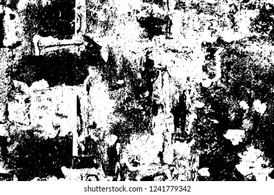 Grunge overlay layer. Abstract black and white vector background. Monochrome vintage surface with dirty pattern in cracks, spots, dots. Old wall in dark horror style design