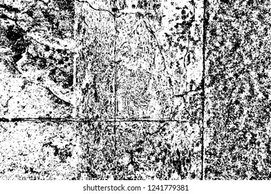 Grunge overlay layer. Abstract black and white vector background. Monochrome vintage surface with dirty pattern in cracks, spots, dots. Old wall in dark horror style design