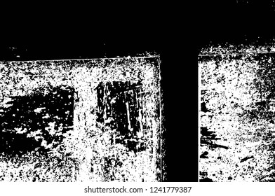 Grunge overlay layer. Abstract black and white vector background. Monochrome vintage surface with dirty pattern in cracks, spots, dots. Old wall in dark horror style design