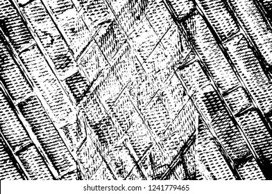 Grunge overlay layer. Abstract black and white vector background. Monochrome vintage surface with dirty pattern in cracks, spots, dots. Old wall in dark horror style design