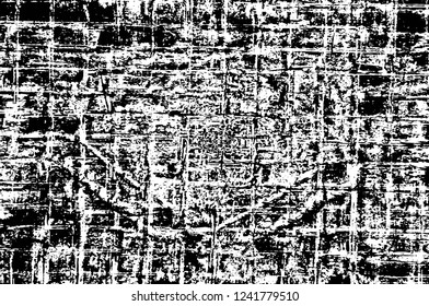 Grunge overlay layer. Abstract black and white vector background. Monochrome vintage surface with dirty pattern in cracks, spots, dots. Old wall in dark horror style design