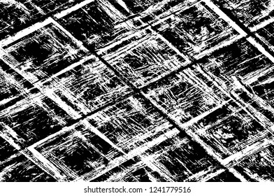 Grunge overlay layer. Abstract black and white vector background. Monochrome vintage surface with dirty pattern in cracks, spots, dots. Old wall in dark horror style design