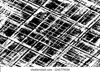 Grunge overlay layer. Abstract black and white vector background. Monochrome vintage surface with dirty pattern in cracks, spots, dots. Old wall in dark horror style design