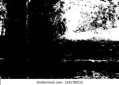 Grunge overlay layer. Abstract black and white vector background. Monochrome vintage surface with dirty pattern in cracks, spots, dots. Old wall in dark horror style design