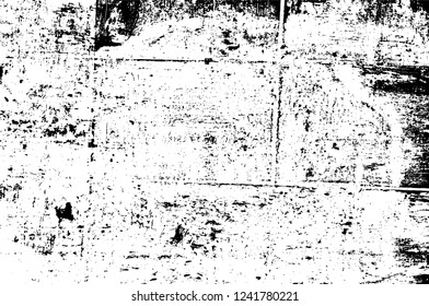 Grunge overlay layer. Abstract black and white vector background. Monochrome vintage surface with dirty pattern in cracks, spots, dots. Old wall in dark horror style design