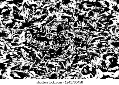Grunge overlay layer. Abstract black and white vector background. Monochrome vintage surface with dirty pattern in cracks, spots, dots. Old wall in dark horror style design