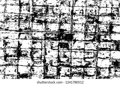 Grunge overlay layer. Abstract black and white vector background. Monochrome vintage surface with dirty pattern in cracks, spots, dots. Old wall in dark horror style design
