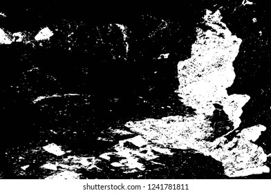 Grunge overlay layer. Abstract black and white vector background. Monochrome vintage surface with dirty pattern in cracks, spots, dots. Old wall in dark horror style design