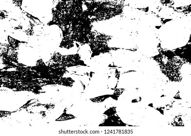 Grunge overlay layer. Abstract black and white vector background. Monochrome vintage surface with dirty pattern in cracks, spots, dots. Old wall in dark horror style design