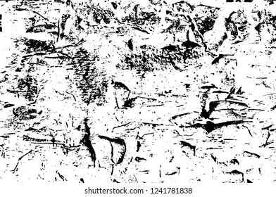 Grunge overlay layer. Abstract black and white vector background. Monochrome vintage surface with dirty pattern in cracks, spots, dots. Old wall in dark horror style design