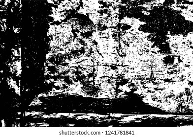 Grunge overlay layer. Abstract black and white vector background. Monochrome vintage surface with dirty pattern in cracks, spots, dots. Old wall in dark horror style design