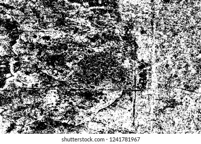 Grunge overlay layer. Abstract black and white vector background. Monochrome vintage surface with dirty pattern in cracks, spots, dots. Old wall in dark horror style design
