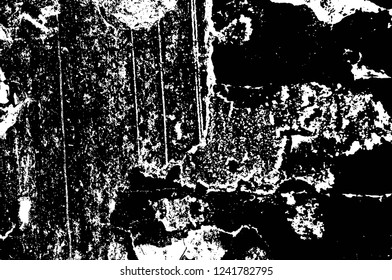 Grunge overlay layer. Abstract black and white vector background. Monochrome vintage surface with dirty pattern in cracks, spots, dots. Old wall in dark horror style design