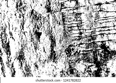 Grunge overlay layer. Abstract black and white vector background. Monochrome vintage surface with dirty pattern in cracks, spots, dots. Old wall in dark horror style design