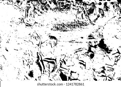 Grunge overlay layer. Abstract black and white vector background. Monochrome vintage surface with dirty pattern in cracks, spots, dots. Old wall in dark horror style design